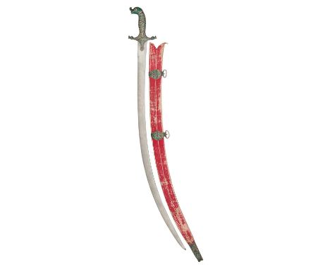 AN INDIAN SWORD WITH ENAMELLED SILVER MOUNTS (SHAMSHIR), MID-19TH CENTURY, PROBABLY LUCKNOW  with curved single-edged watered