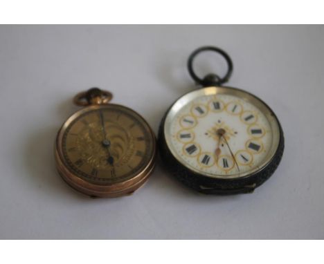 A 9ct LADIES' FOB WATCH, WITH GILT FOLIATE DIAL, along with a continental white metal (marked 925) ladies' fob watch with gil