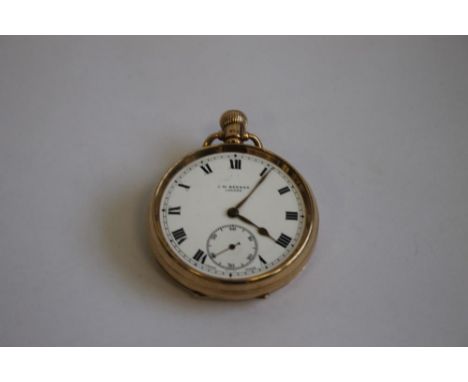 A 9ct GOLD GENTLEMAN'S OPEN FACED POCKET WATCH SIGNED TO THE DIAL OF MOVEMENT "J. W. BENSON" white enamel dial, with black Ro