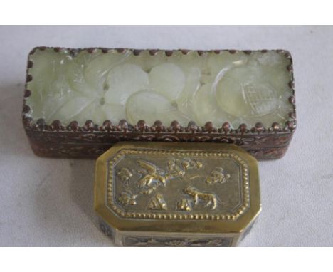 TWO CHINESE VINTAGE SNUFF TYPE BOXES, ONE WITH A PULL OFF LID INSET WITH A CARVED HARD STONE PANEL, the other with hinged lid