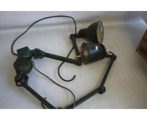 TWO VINTAGE INDUSTRIAL WALL MOUNTED ANGLE POISE LAMPS, green painted surfaces (2)