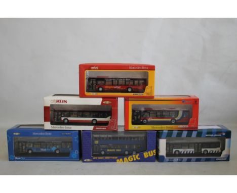 FIVE BOXED MERCEDES-BENZ DIECAST CITERO BUSES, 1;76 SCALE MODELS, by Creative Master Northcord Ltd. to include Oxford Bus Com