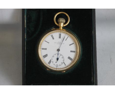 AN 18ct GOLD OPEN FACE TOP WIND POCKET WATCH, the white enamel dial (cracked) signed "Dent Cockspur St London", contained in 