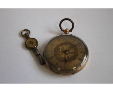 A LATE 19TH CENTURY CONTINENTAL LADIES' KEY WIND FOB, blue enamel decoration to the back A/F