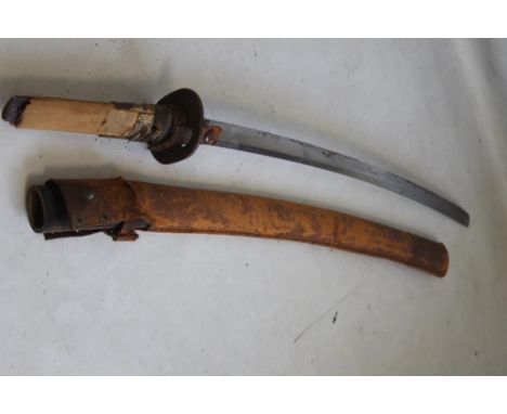 A JAPANESE KATANA SWORD WITH DECORATED IRON SUBA, black lacquer scabbard (with brown leather cover) Tang unsigned wooden grip