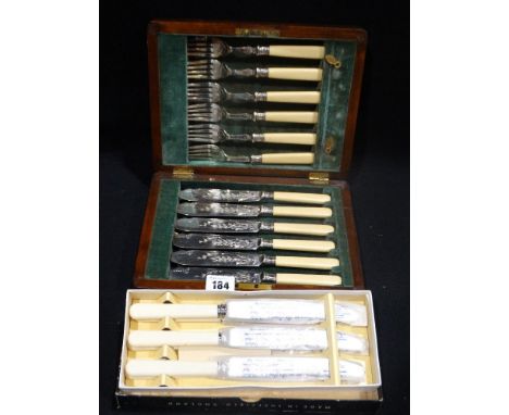     An Edwardian Oak Encased Fish Knife &amp; Fork Set, Together With A Boxed Set Of Table Knives                            