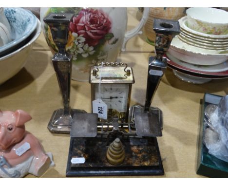     A Pair Of Edwardian Square Based Tapered Candle Sticks, Together With A Postage Scale &amp; Weights Etc                  