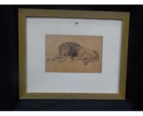     A Framed Rembrandt Print, Titled "A Lion Lying Down"                             