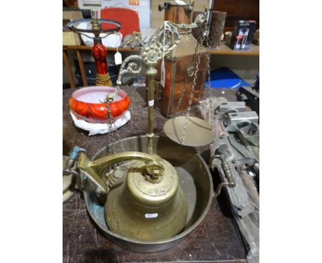    An Antique Brass Preserve Pan, Together With A Balance Scale Etc                