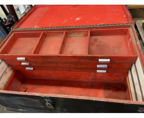 LARGE BLACK PINE TOOL TRUNK ON HEAVY DUTY WHEELS 