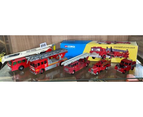 SHELF OF DIECAST MODEL FIRE ENGINES AND FIRE WAGONS BY CORGI AND LESNEY, ETC