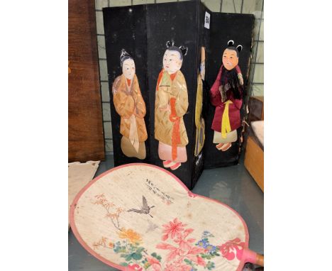CHINESE SILK FIGURAL LANTERN, FAN AND ORIENTAL SCROLL IN BOX