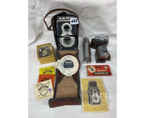 VINTAGE HALINA PREFECT BOX CAMERA, LENSES AND RELATED ACCESSORIES INCLUDING LIGHT METER
