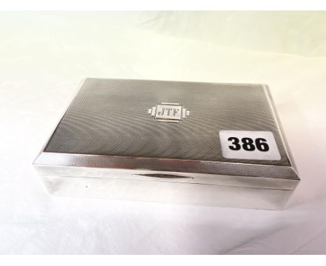 BIRMINGHAM SILVER RECTANGULAR CIGARETTE BOX WITH ENGINE TURNED DECORATION MONOGRAMMED JTF 11.6OZ OVERALL