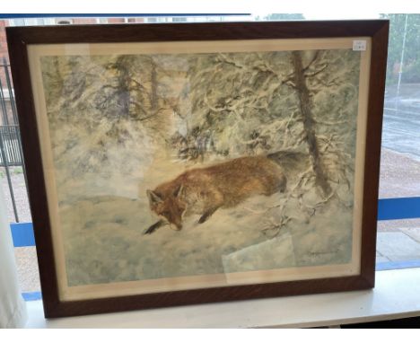 PRINT TITLED "FUCHS IM WINTERWALD" ORIGINALLY BY MEYER-EBERHARDT (1895-1977) BLIND STAMPED F/G 74CM X 57CM