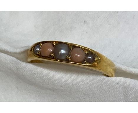 18CT GOLD CORAL AND SEED PEARL RING SIZE N, 2.9G APPROX