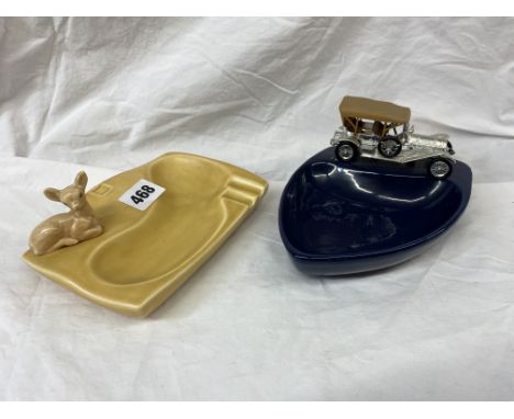 RECUMBENT DEER ASH TRAY AND ASHTRAY WITH VINTAGE CAR 