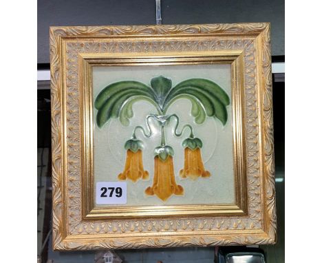 GILT FRAMED CERAMIC FLORAL TILE 