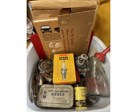 TUB OF VINTAGE MOTOR VEHICLE PARTS AND A HILLMAN IMP 1968-71 AUTOBOOK
