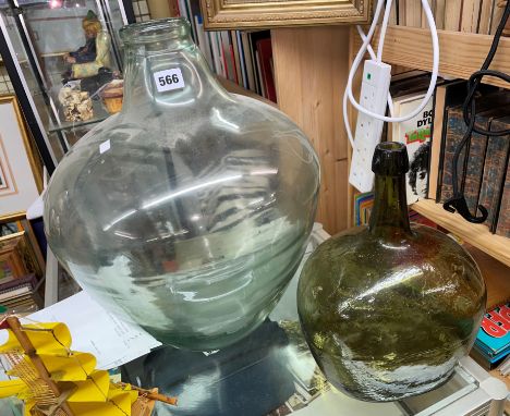 LARGE GLASS TERRARIUM/LAMP BASE AND ONE GREEN GLASS BOTTLE 46CM AND 32CM H