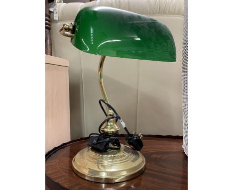 GREEN GLASS SHADED &amp; BRASS BANKERS STYLE LAMP