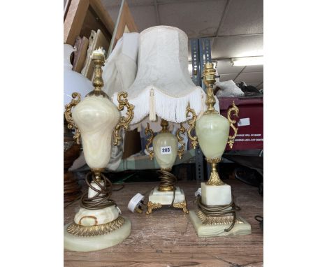 GREEN ONYX AND GILT METAL TABLE LAMP GARNITURE 