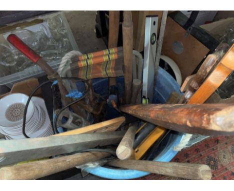 ROPE HANDLED BUCKET OF MIXED TOOLS - SAWS, SPIRIT LEVELS, HAMMERS, ETC