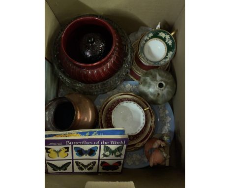 CARTON - STUDIO POTTERY VASE, PARAGON TEACUPS AND SAUCERS, BROOKE BOND CARDS OF FLOWERS AND BUTTERFLIES
