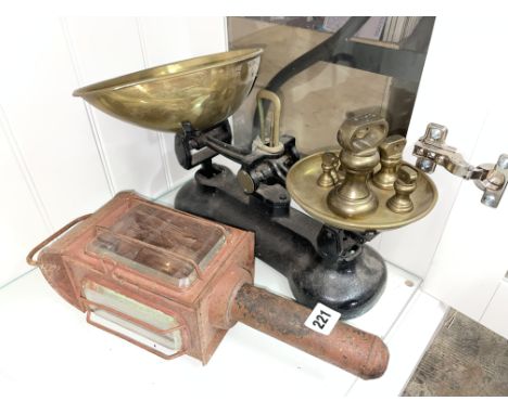 VINTAGE BRASS SCALES WITH WEIGHTS AND CARRIAGE LANTERN