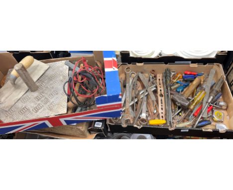 TWO CARTONS CONTAINING WRENCHES, SCREWDRIVERS, STANLEY TAPE MEASURES, PLASTERING TOOLS, ETC