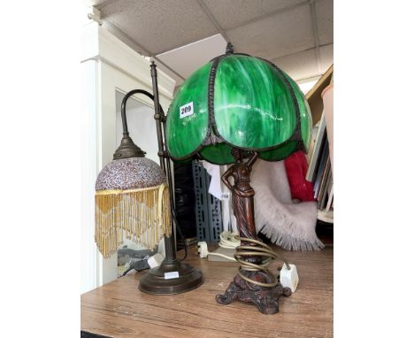 FEMALE FIGURAL TABLE LAMP WITH FAUX MALACHITE DOME SHADE AND ONE OTHER (AS FOUND) BOTH 54CM H