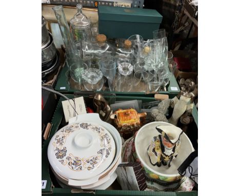THREE CRATES - POOLE TUREENS, INDIAN TREE PLATES, GLASSWARE, VASES, SMALL LE CREUSET DISH, AND OTHER CERAMICS