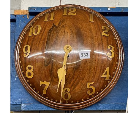 POLISHED ART DECO CIRCULAR WALNUT CONVEX WALL CLOCK WITH BRASS FACE AND DIALS 35CM D