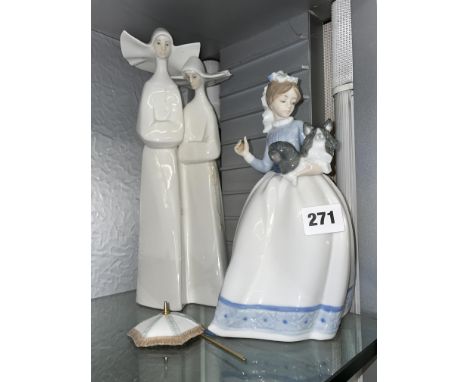 NAO PORCELAIN FIGURE GIRL WITH DOGS AND PARASOL AND A LLADRO FIGURE 