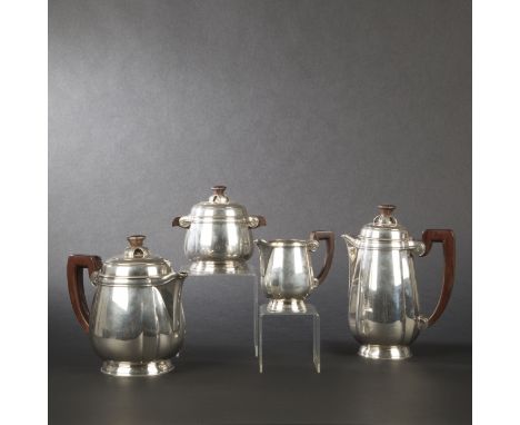 LAPPARRA Sterling silver tea and coffee set with moulded reeds. Rosewood finial and handles. Comprising a coffee pot a teapot