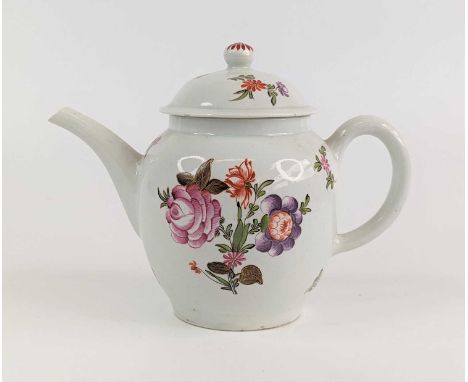 A Lowestoft porcelain teapot, circa 1780, of bullet form, enamel decorated with floral sprays by the 'Tulip Painter', h.16.5c