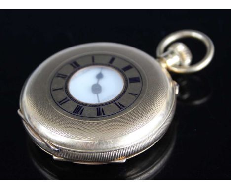 J.W. Benson of London - a gent's 18ct gold cased half hunter pocket watch, having a signed white enamel Roman dial, subsidiar