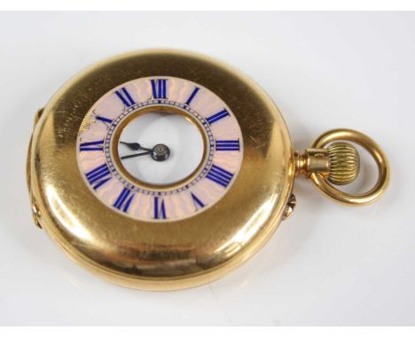 A Swiss lady's 18ct gold cased half hunter fob watch, the cover with pink and blue enamel Roman chapter ring, monogrammed bac