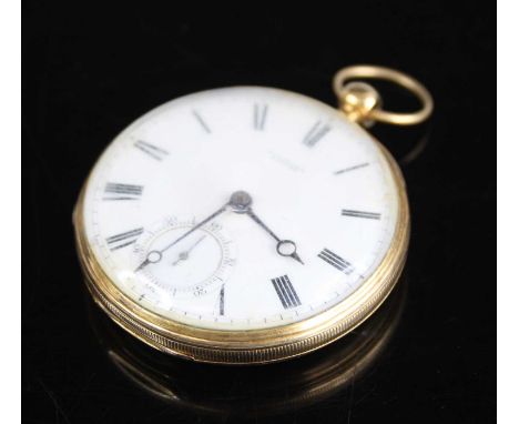 Vulliamy of London, a mid-19th century 18ct gold cased open face pocket watch, the case with fine engine turned detailing, ha