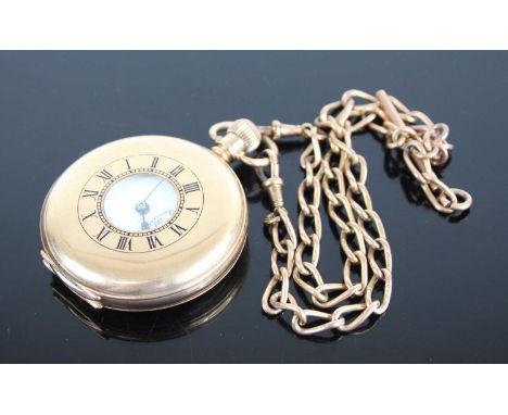 A George V 9ct gold cased gent's half hunter pocket watch, having an unsigned white enamel Roman dial, subsidiary seconds dia