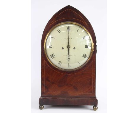 Gudgeon Jnr of Bury St Edmunds - a circa 1830 mahogany bracket clock, having a signed white enamel convex Roman dial, twin wi