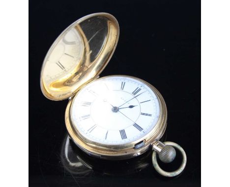 A George V gent's 18ct gold cased full hunter chronograph pocket watch, unsigned but the white enamel dial and backplate numb