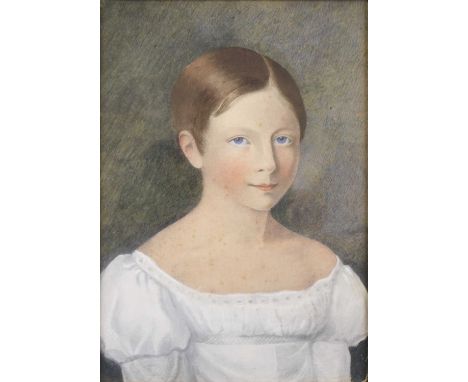 19th century English school - Portrait of young girl wearing a silk blouse, watercolour, 33 x 23.5cm   Some spotting and foxi