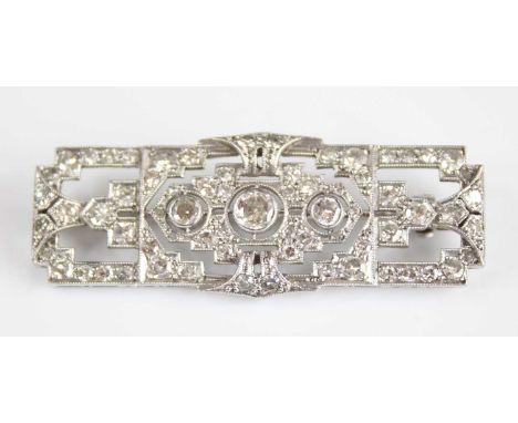 An Art Deco platinum and diamond panel brooch, comprising 69 round brilliant and single cut diamonds in bezel and grain setti