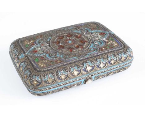 An Imperial Russian silver-gilt and cloisonne enamel cigarette case, of shaped rectangular form with push-button release to t