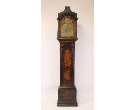 Thomas Cartwright of London - an early 18th century chinoiserie black lacquered longcase clock, having arched brass 12" dial,