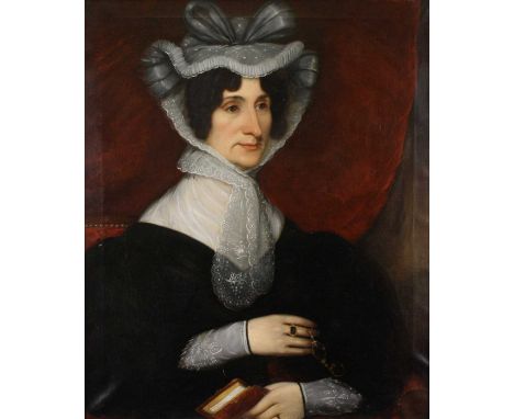 Mid-19th century English school - half-length portrait of a lady wearing a silk bonnet, reputedly being Winifred Seabright, o