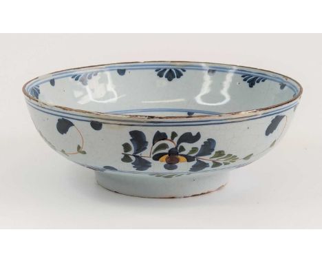 An English delftware bowl, 18th century, polychrome enamel decorated with foliage in the manner of Abigail Griffith of Lambet