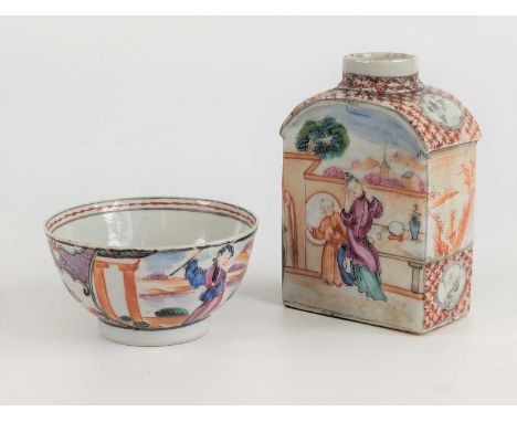 A Chinese famille rose porcelain tea caddy, 18th century, decorated with figures within a garden, h.11cm, together with a sim