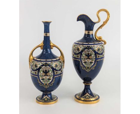 A Royal Worcester specimen vase, circa 1919, shape 2700, enamel decorated with flowers on a mottled blue ground and heightene